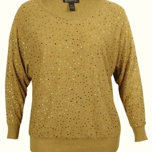 Bling sweater, INC, Rhinestones, Camel Tan, Silver, White Beaded, Medium